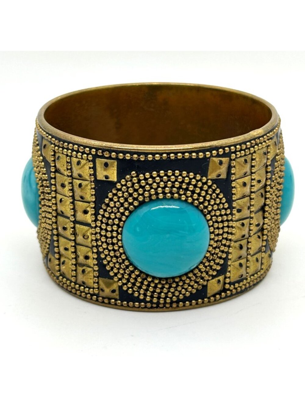 Vintage Brass Bangle Bracelet Turquoise Acrylic Cabochon Boho Ethnic Cuff 8"